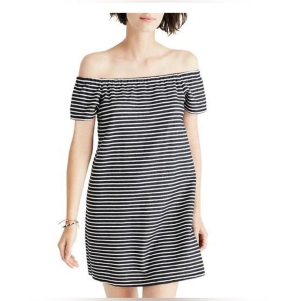 Madewell Womens Off-The-Shoulder Striped Dress Black/White XS Cotton Blend